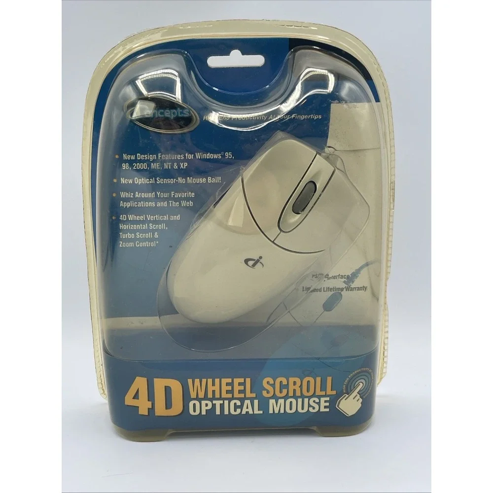 PC Concepts iConcepts 4D Wheel Scroll Optical Mouse Vintage PS/2 New In Box